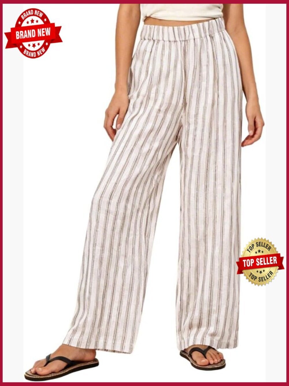 100% Linen Elastic Waist Striped Wide Leg Pants Casual Summer